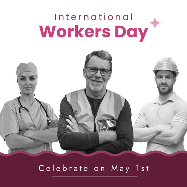 Composition of international workers day text over caucasian workers and doctor with arms crossed. International workers day and celebration concept digitally generated image.