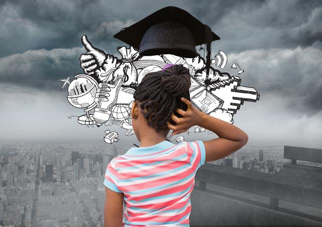 Thoughtful girl with graduation cap against cityscape in background - Download Free Stock Photos Pikwizard.com