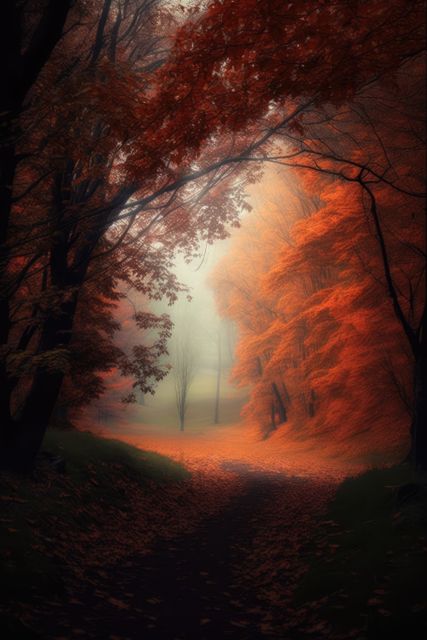 Forest scenery with trees and pathway created using generative ai technology. Autumn, landscape and nature concept digitally generated image.
