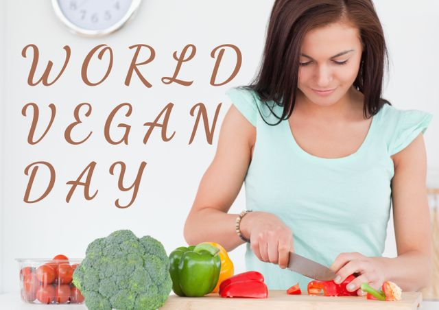 Digital composite image of world vegan day text by woman cutting vegetables - Download Free Stock Photos Pikwizard.com