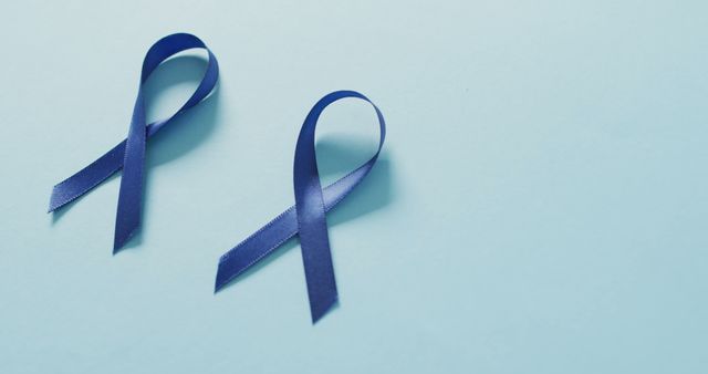 Image of two dark blue colon cancer ribbons on pale blue background - Download Free Stock Photos Pikwizard.com