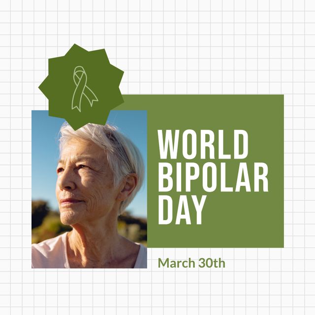 Composition of world bipolar day text over senior biracial woman. World bipolar day and celebration concept digitally generated image.