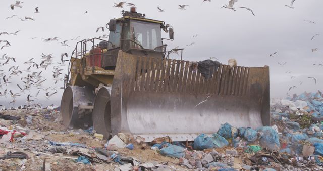 General view of landfill with piles of litter, seagulls and dozer. Landfill, waste, pollution and environment.
