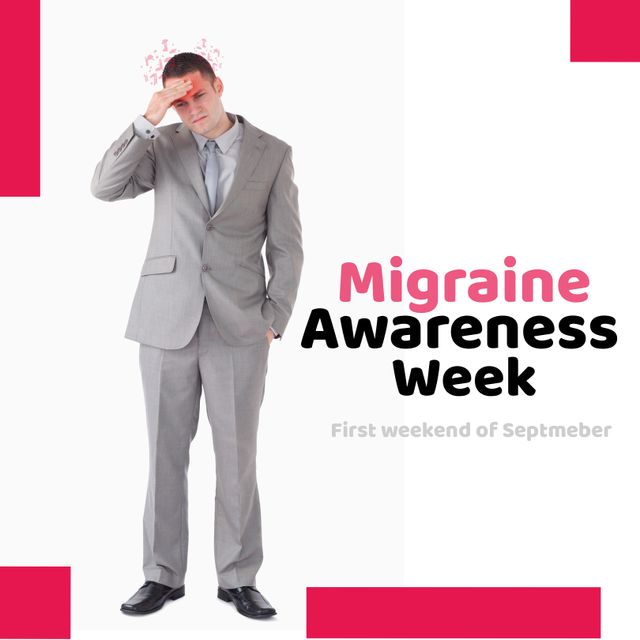 Caucasian business man holding his head and migraine awareness week text banner on white background. Migraine week awareness concept
