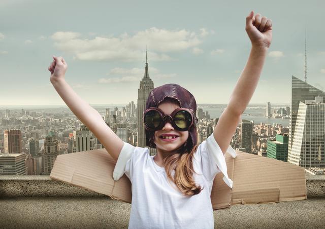Girl in flying goggles with cityscape in background - Download Free Stock Photos Pikwizard.com