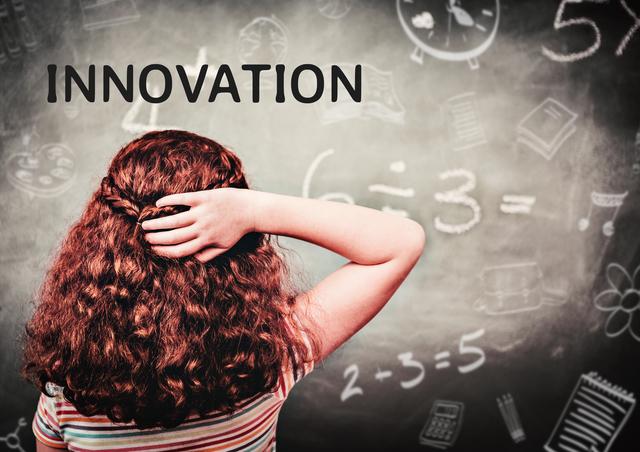 Girl with hand on head and innovation text against mathematical background - Download Free Stock Photos Pikwizard.com