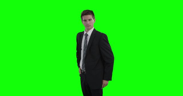 A young Caucasian businessman stands confidently against a green screen background, with copy space. His professional attire and posture suggest readiness for a corporate environment or a formal event.