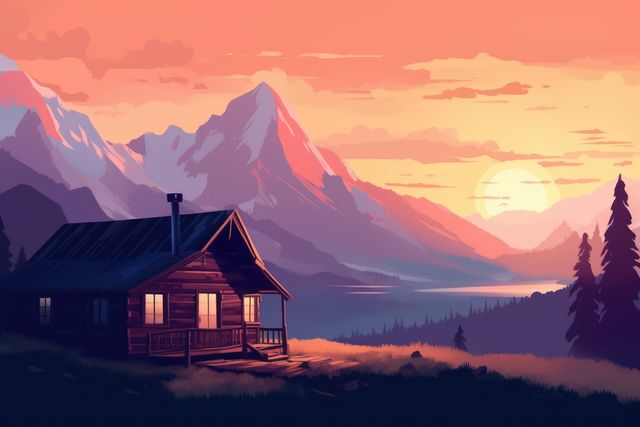 Wooden cabin with lit windows at sunset in mountains, created using generative ai technology. Cabin, vacation, nature, landscape and scenery concept digitally generated image.