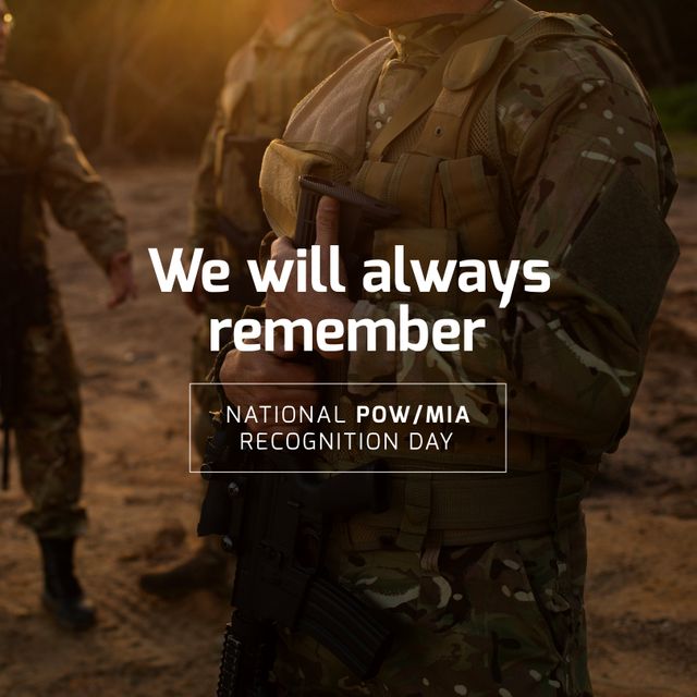 Animation of national pow mia recognition day text over diverse soldiers. National pow mia recognition day and celebration concept digitally generated image.