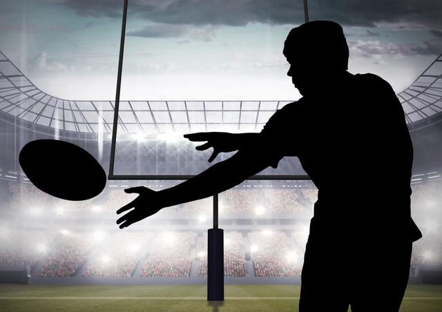 Silhouette of player catching a rugby ball in stadium - Download Free Stock Photos Pikwizard.com