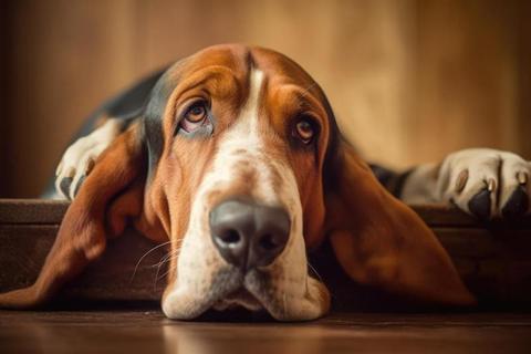 Portrait of cute basset hound lying on wooden floor, created using ...