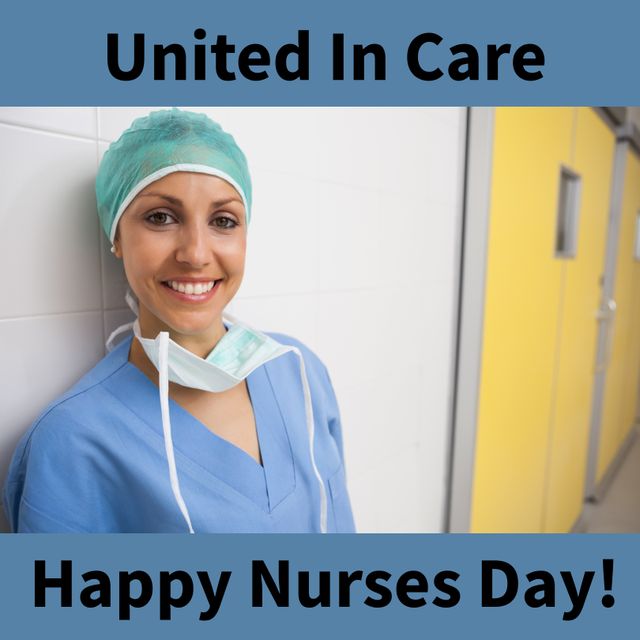 Composition of happy nurses day text over happy caucasian female nurse with face mask. International nurses day and medicine, digitally generated image.