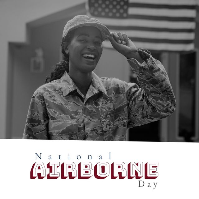 Digital portrait of cheerful african american female soldier with national airborne day text. Digital composite, honour nation's airborne forces of armed forces, military, parachuting troops, combat.