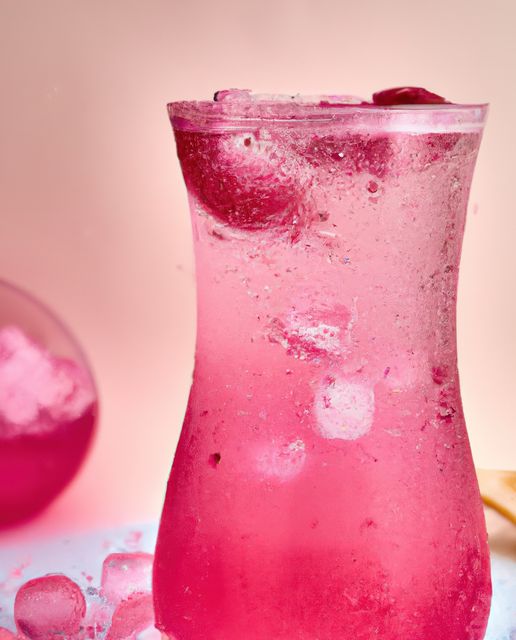 Close up of pink lemonade on beige background created using generative ai technology. Drink, flavour and food concept, digitally generated image.