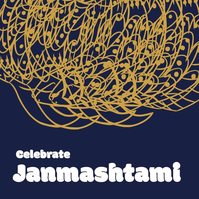 Illustration of celebrate janmashtami text with abstract patterns on blue background. Vector, hindu festival, culture, tradition, celebration, birth of lord krishna.
