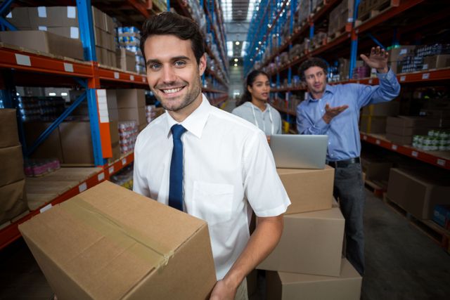 Warehouse manager carrying a box and his colleagues discussing - Download Free Stock Photos Pikwizard.com