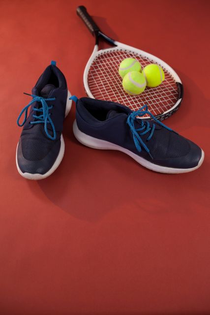 High angle view of blue sports shoes by tennis racket and balls - Download Free Stock Photos Pikwizard.com