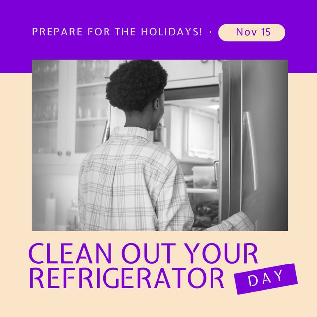 Image of clean out you refrigerator today over african american woman looking into fridge. Household, cleaning and food concept.