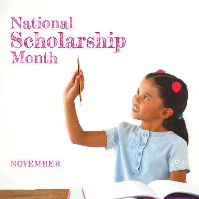 Composite of biracial girl holding pencil while studying and national scholarship month and november. Text, copy space, childhood, book, knowledge, white, education, opportunity, awareness concept.