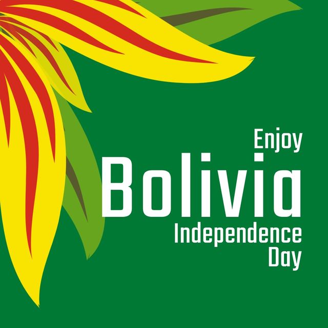 Illustration of enjoy bolivia independence day text with red and yellow leaves on green background. copy space, vector, patriotism, celebration, freedom and identity concept.