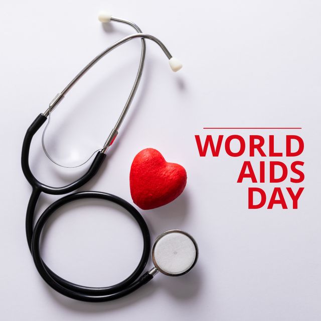 Composite of world aids day text with stethoscope and red heart on white background, copy space - Download Free Stock Templates Pikwizard.com