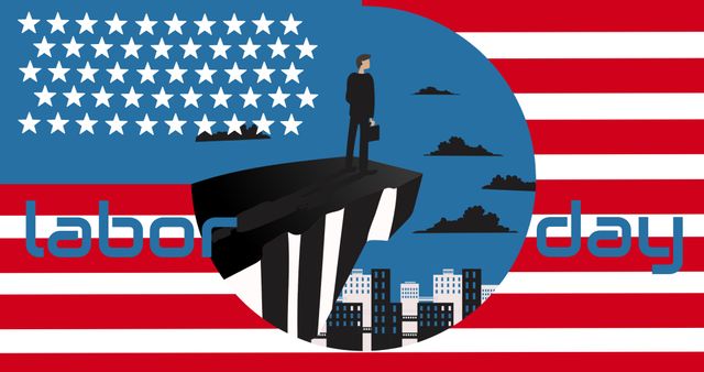 Vector image of businessman and city in flag of america with labor day text, copy space. Illustration, federal holiday, honor, recognition, american labor movement, celebration, appreciation of work.