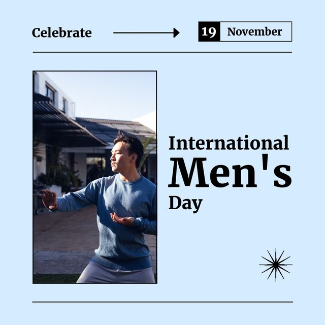 Square image of international men's day text on blue and asian man practicing tai chi outdoors. International men's day, health awareness and celebration concept digitally generated image.