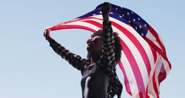 African american woman wearing sunglasses holding american flag up in the air - Download Free Stock Photos Pikwizard.com