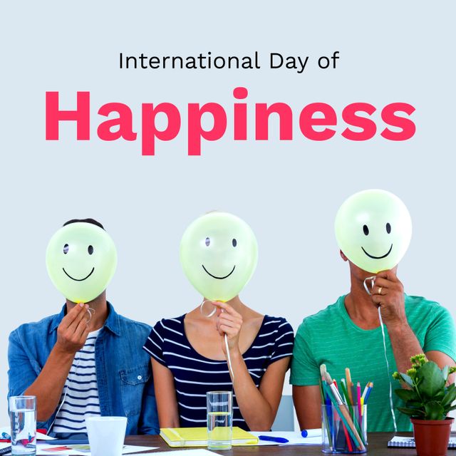 Composition of international day of happiness text over diverse people with smiling balloons. International day of happiness and celebration concept digitally generated image.