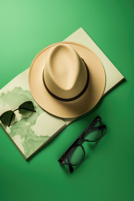 Glasses, sunglasses, hat and map on green background, created using generative ai technology. Travel, adventure, exploration and vacations, digitally generated image.