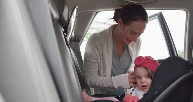 Caucasian mother keeping her baby in safety seat in the car. motherhood, love and childcare concept
