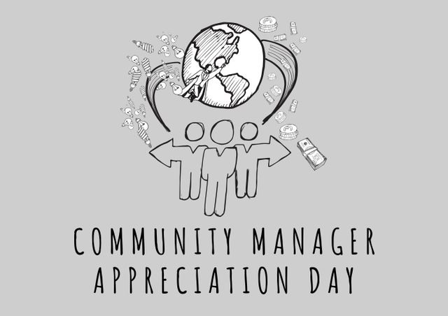 Composition of community manager appreciation day text over icons on grey backgorund. Community manager appreciation day and celebration concept digitally generated image.