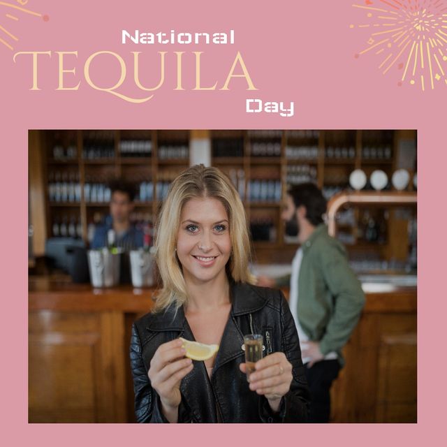 Portrait of caucasian young woman with tequila shot and lemon in bar and national tequila day text. digital composite, copy space, tequila, alcohol, drink and celebration concept.