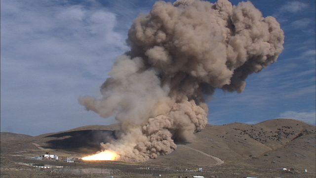 Shown is a test of the TEM-13 Solid Rocket Motor in support of the Ares/CLV first stage at ATK, Utah . Constellation/Ares project. This image is extracted from a high definition video file and is the highest resolution available.