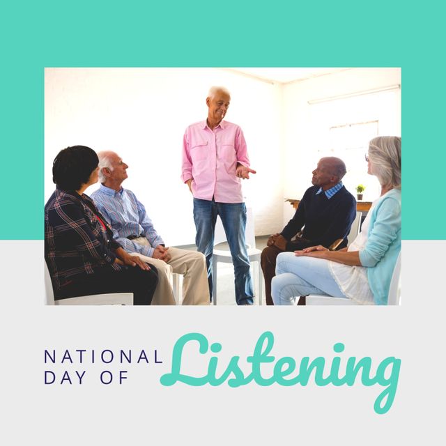 Composition of national day of listening text over senior diverse people smiling. National day of listening and celebration concept digitally generated image.