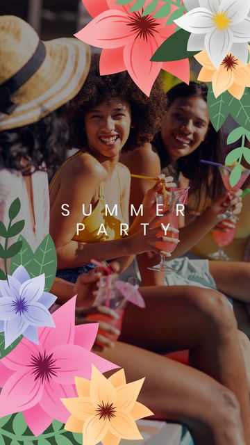 Composition of summer party text with flower icons and diverse female friends. Snapchat filter maker concept digitally generated image.