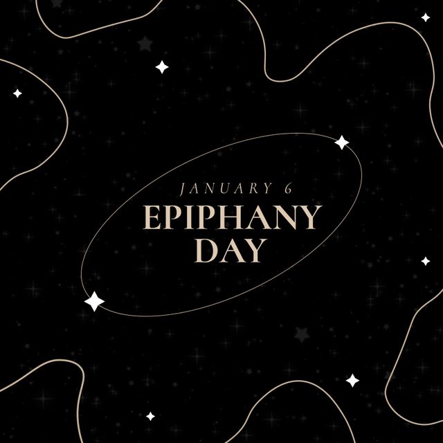 Square image of night sky with stars and happy epiphany day text. Happy epiphany day campaign.