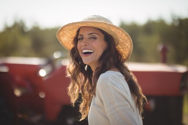 Portrait cheerful young woman wearing sun hat - Download Free Stock Photos Pikwizard.com