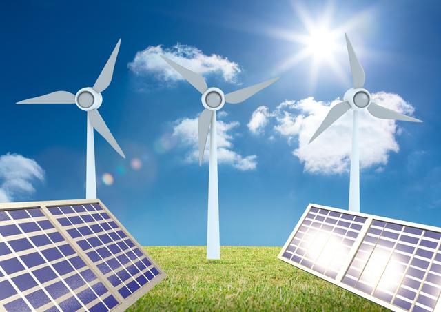 Solar panel with windmill on green grass against bright sun in the background - Download Free Stock Photos Pikwizard.com