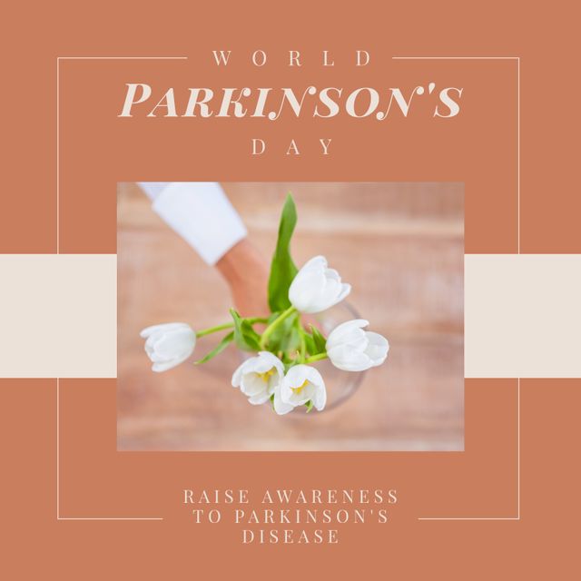 Composition of parkinson's awareness day and white tulips on brown background. Parkinson's awareness day and healthcare concept.