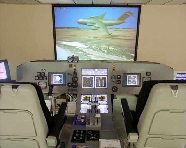 The C-17 simulator at NASA's Dryden Flight Research Center, Edwards, California. Simulators offer a safe and economical alternative to actual flights to gather data, as well as being excellent facilities for pilot practice and training.