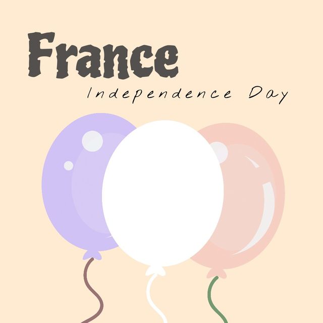 Illustration of france independence day text with colorful balloons on peach color background. copy space, vector, patriotism, celebration, freedom and identity concept.