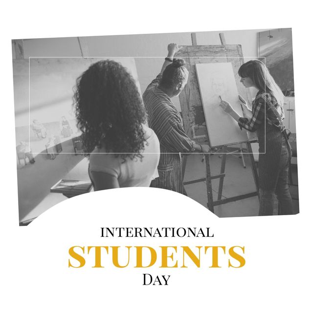 Composite of multiracial students drawing on canvas in class and international students day text. Copy space, art, education, czech university, memorial and awareness concept.