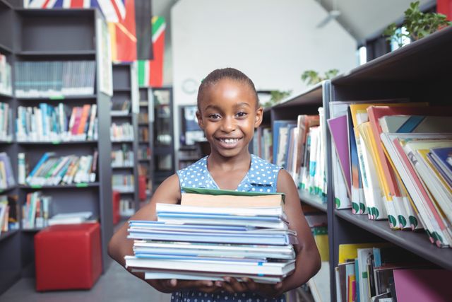 Smiling girl carrying books in library - Download Free Stock Photos Pikwizard.com