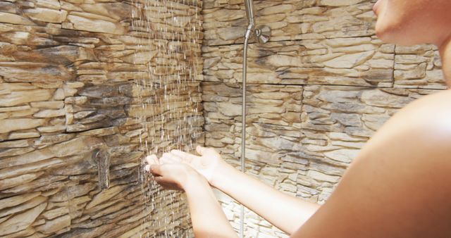 Image of hands of african american woman showering with water - Download Free Stock Photos Pikwizard.com