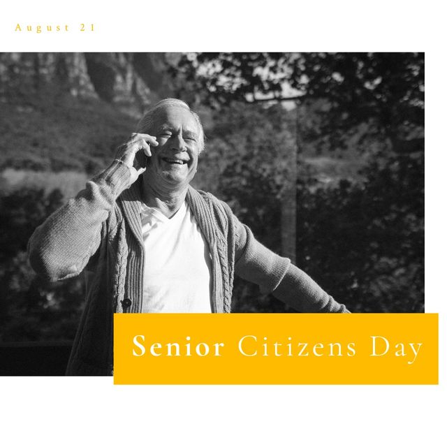 Happy caucasian senior man talking on smartphone in park and august 21 with senior citizens day text. Composite, technology, retirement, healthcare, abuse, awareness, acknowledge and prevention.