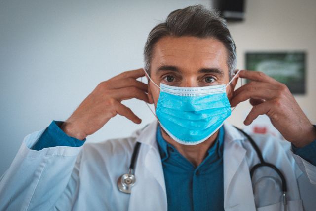 Portrait of caucasian male doctor putting on hygiene face mask - Download Free Stock Photos Pikwizard.com