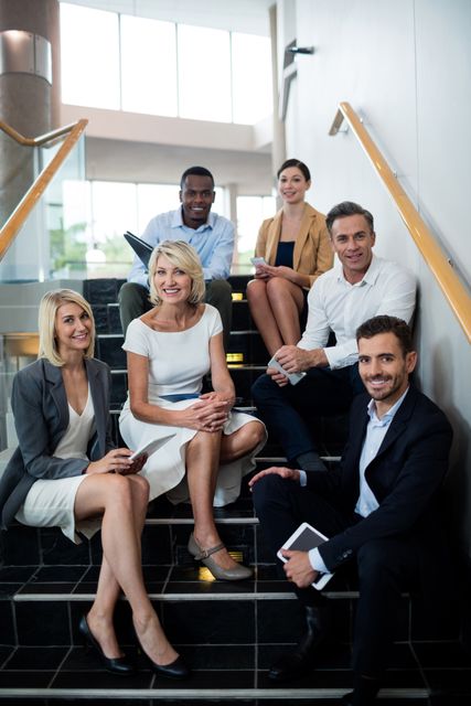 Business executives sitting on staircase at conference center - Download Free Stock Photos Pikwizard.com