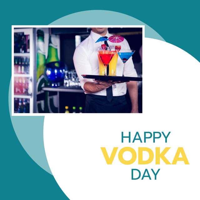 Image of happy vodka day over midsection of caucasian barman with drinks. Alcohol, beverage, bar and party concept.