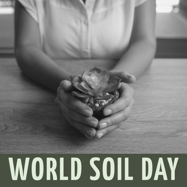 Square image of world soil day and hands of caucasian woman holding plant in black and white. Soil day, taking care of earth and nature concept.